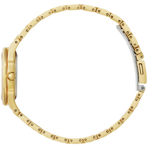 Side profile of the Citizen Corso EW2582-59A, showcasing the sleek gold-tone case and scratch-resistant sapphire crystal.