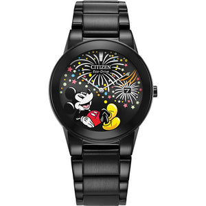 Citizen Disney Mickey Fiesta Unisex Watch AU1095-57W featuring a 40mm black stainless steel case with a black dial—front view