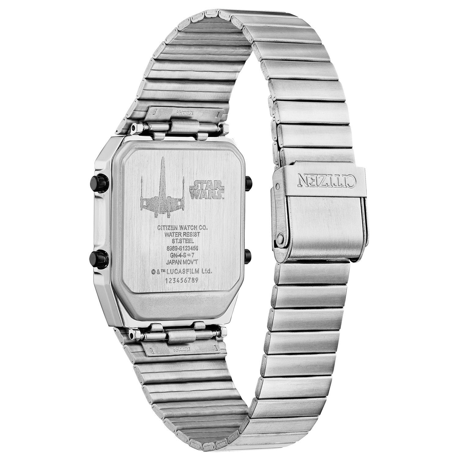 Close-up of the sliding safety clasp on the Citizen Star Wars™ Rebel Pilot Ana-Digi Watch JG2108-52W.