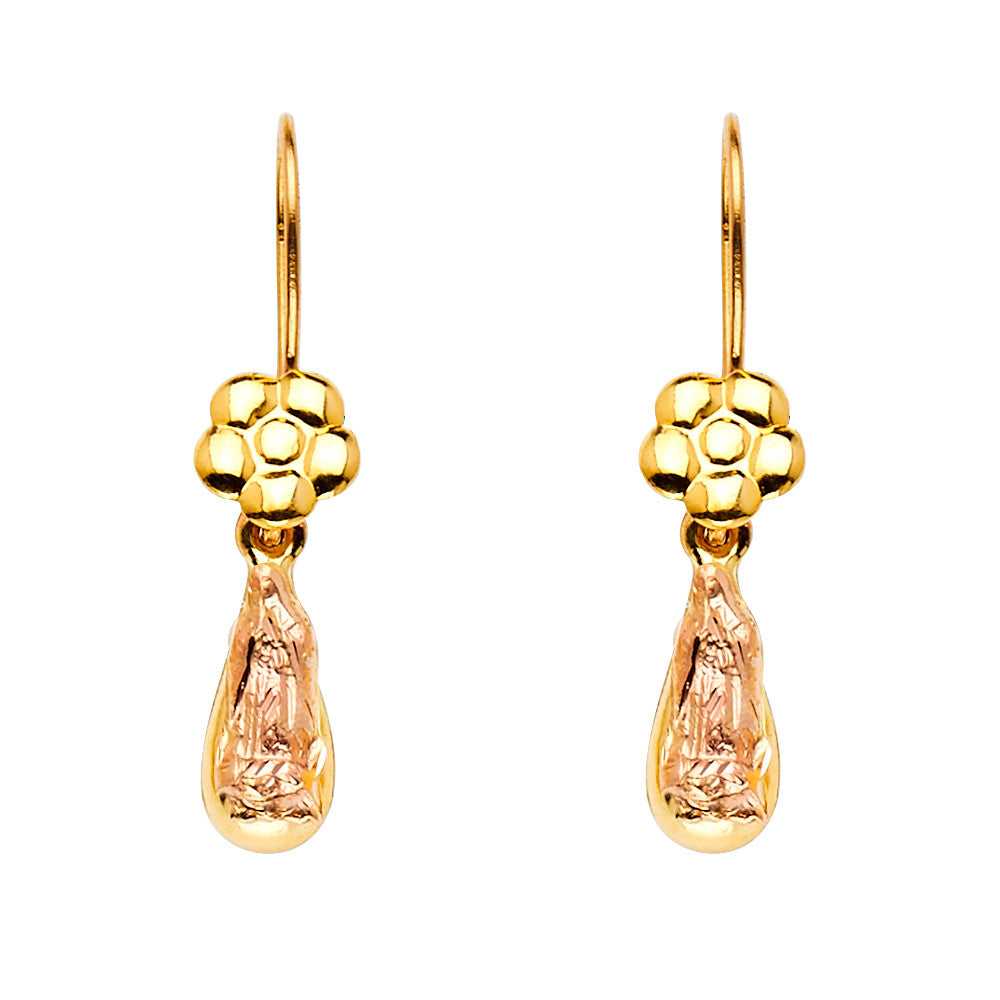 14K Virgin Mary Tear Drop Flower Earrings