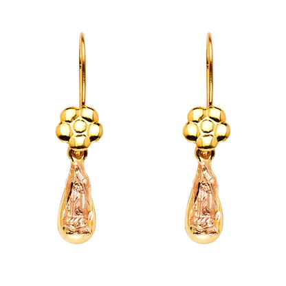 14K Virgin Mary Tear Drop Flower Earrings