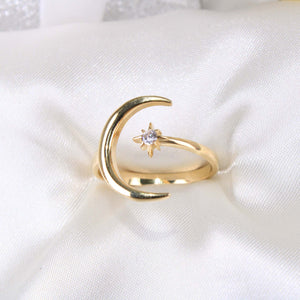 14K Yellow Gold CZ Crescent Moon And Star Ring