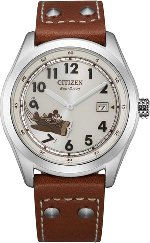 Citizen Mickey Aviator Eco-Drive Ivory Dial Brow Leather Strap - BV1088-08W