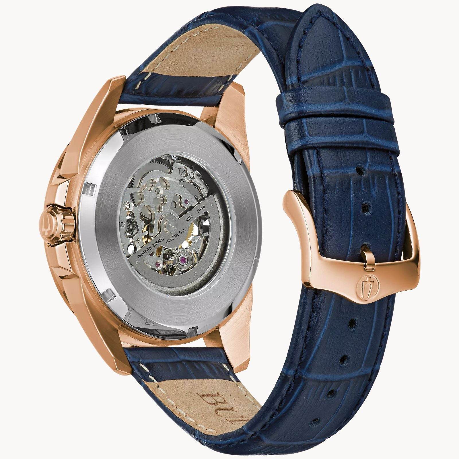 Back view of the Bulova Sutton 97A161, showcasing the exhibition case back revealing the automatic movement.