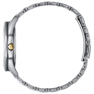 Side profile of the Citizen BM7494-51L, highlighting the unique octagonal bezel and polished stainless steel case.