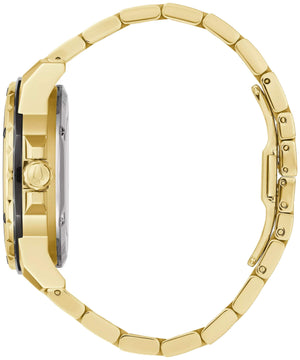 Side profile of Bulova 97B168 showcasing the gold-tone stainless steel case and rotating dial ring.
