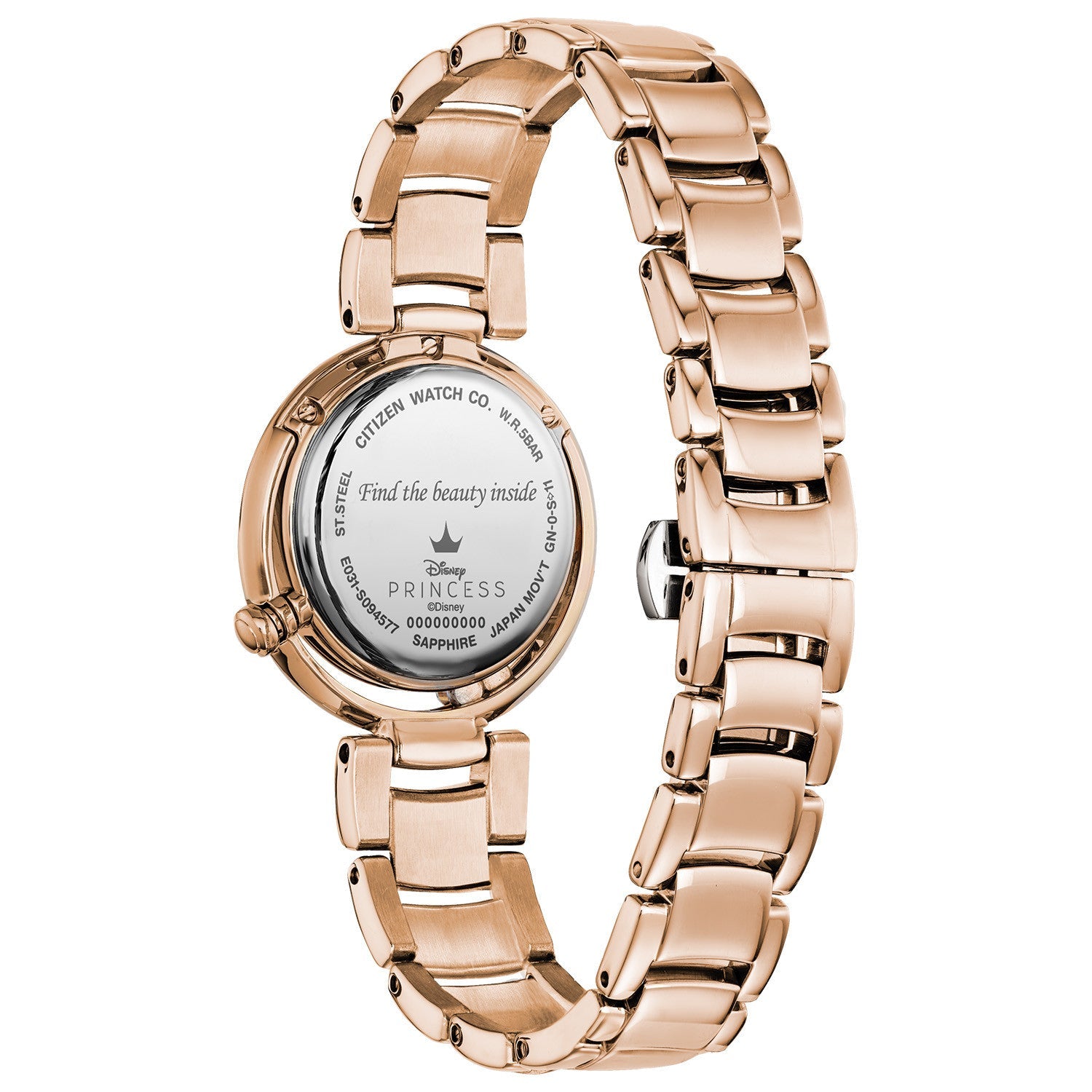 Back view of the Citizen EM0823-58D, displaying the stainless steel case back with Citizen and Disney engravings.