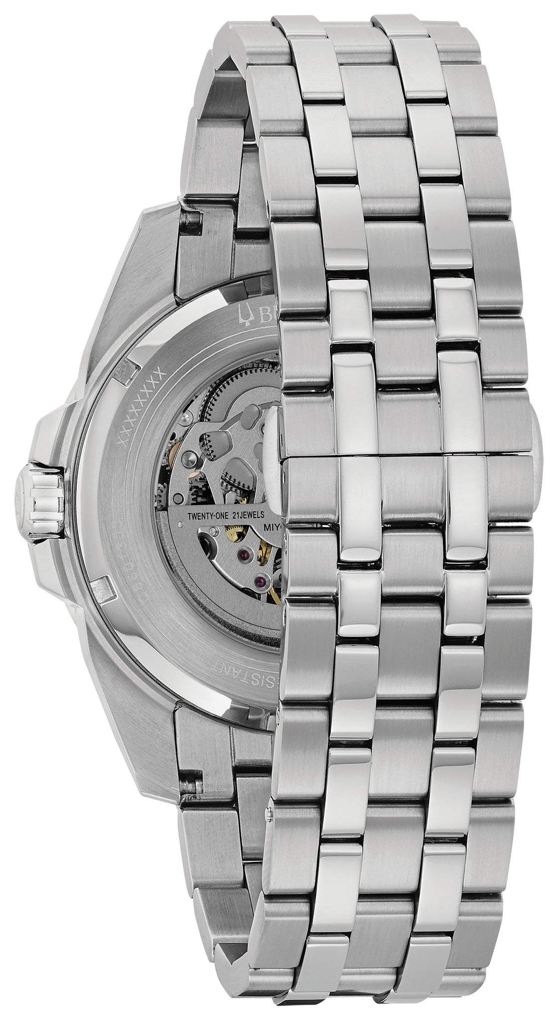 Back view of the Bulova Sutton 96A187, showcasing the exhibition case back revealing the automatic movement.