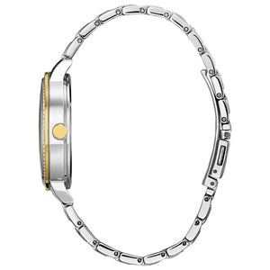 Side profile of the Citizen FE7044-52W, showcasing the slim two-tone stainless steel case and bracelet.
