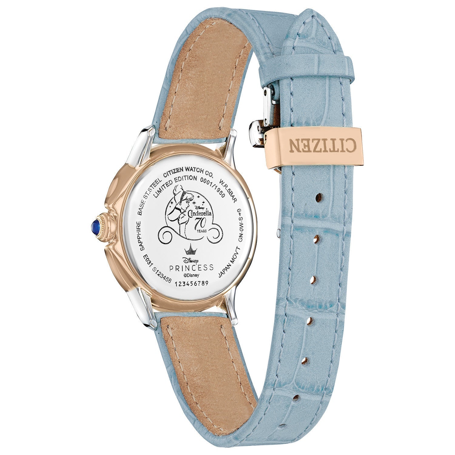 Close-up of the deployment clasp on the Citizen Disney Cinderella 70th Anniversary Limited Edition Women's Watch EM0798-02D.