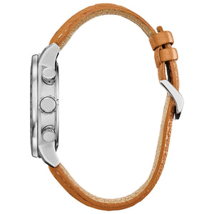 Side profile of the Citizen CA0761-06W showcasing the silver-tone stainless steel case and orange leather strap.