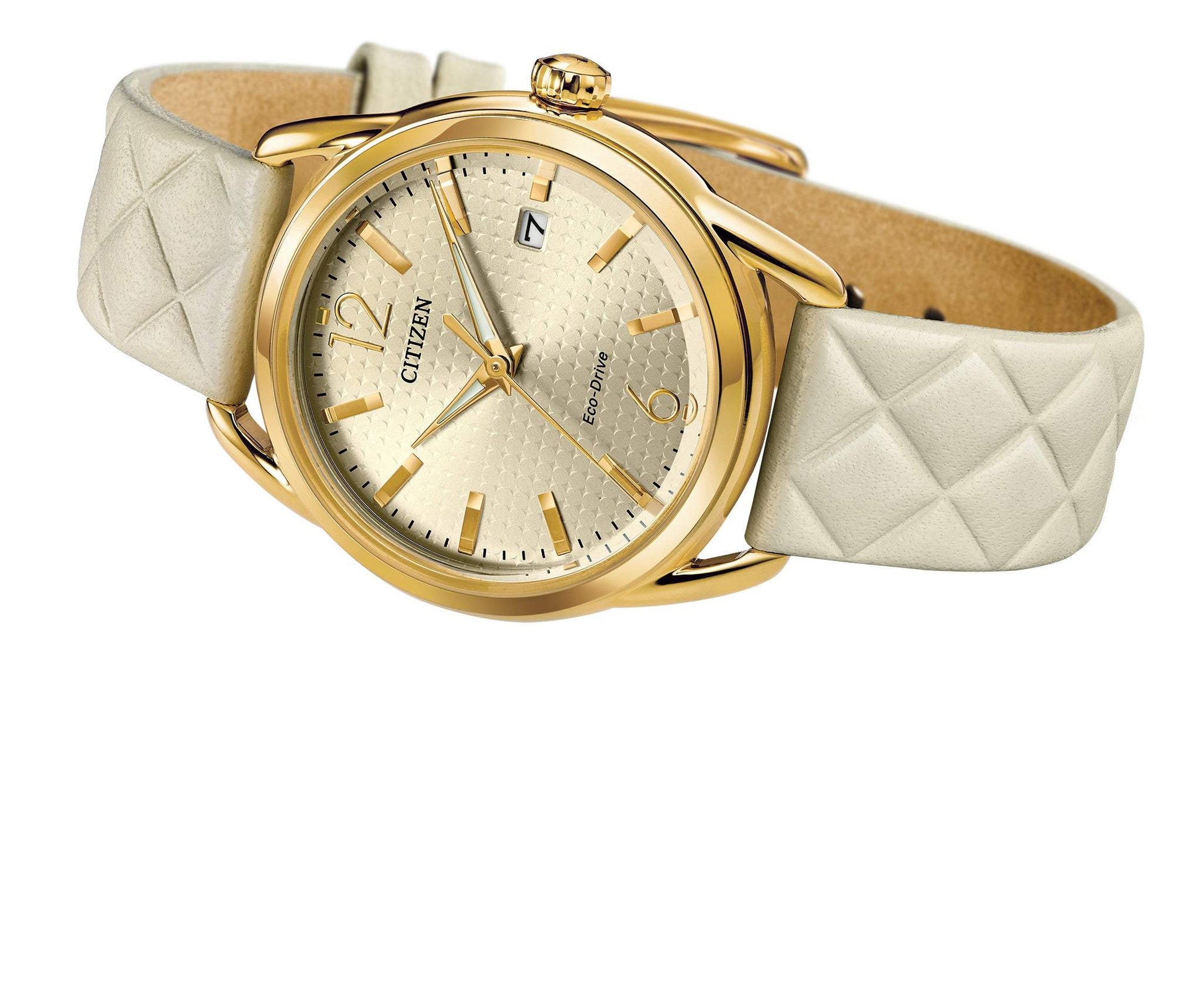 Citizen Drive Eco-Drive Ladies' Watch FE6082-08P featuring a 36mm gold-tone stainless steel case with a quilted ivory leather strap and light champagne dial—front view
