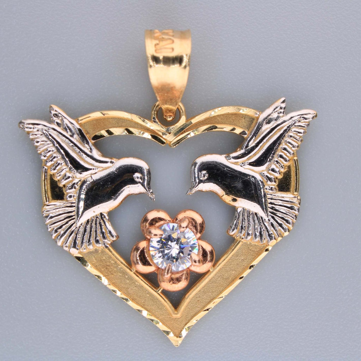 14K Tricolor Gold CZ Dove Heart Charm