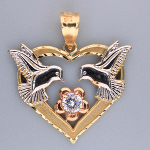 14K Tricolor Gold CZ Dove Heart Charm