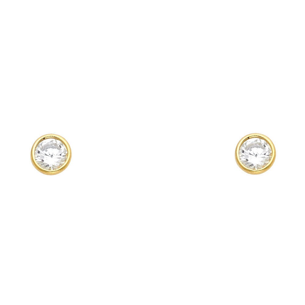 14K Yellow Gold Round CZ Bezel Stud Earrings w/Screw