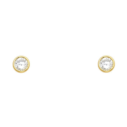 14K Yellow Gold Round CZ Bezel Stud Earrings w/Screw