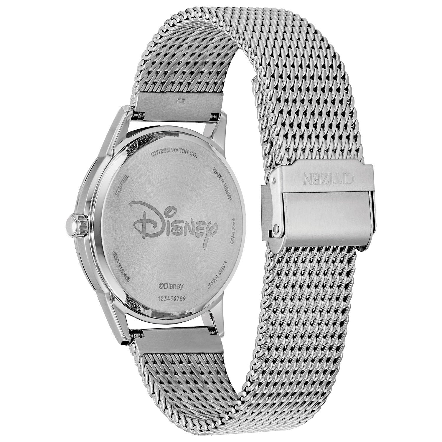 Back view of the Citizen FE7060-56W, displaying the stainless steel case back with Citizen and Disney engravings.