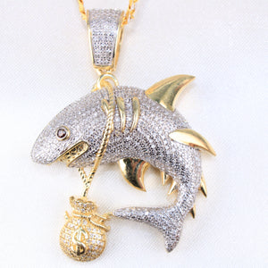 10K Yellow Gold Shark And Moneybag Diamond Charm
