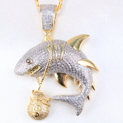 10K Yellow Gold Shark And Moneybag Diamond Charm