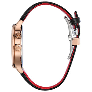 Side profile of the Citizen AP1053-15W showcasing the rose gold-tone case and black leather strap.