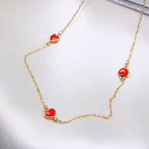 14K Yellow Gold Red Hearts Necklace 18in