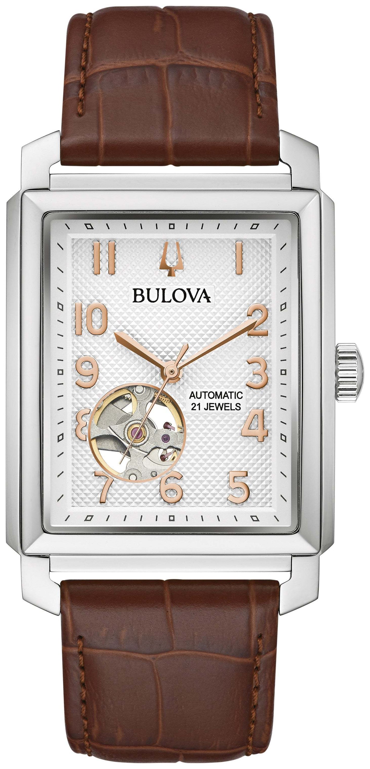 Bulova Sutton Automatic 96A268 men's watch featuring a silver-white dial with rose gold-tone hands and markers, open aperture at 6 o'clock, encased in a rectangular silver-tone stainless steel case—front view.