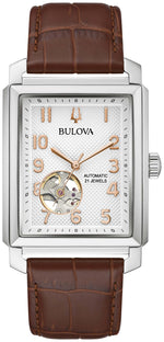 Bulova Sutton Automatic 96A268 men's watch featuring a silver-white dial with rose gold-tone hands and markers, open aperture at 6 o'clock, encased in a rectangular silver-tone stainless steel case—front view.