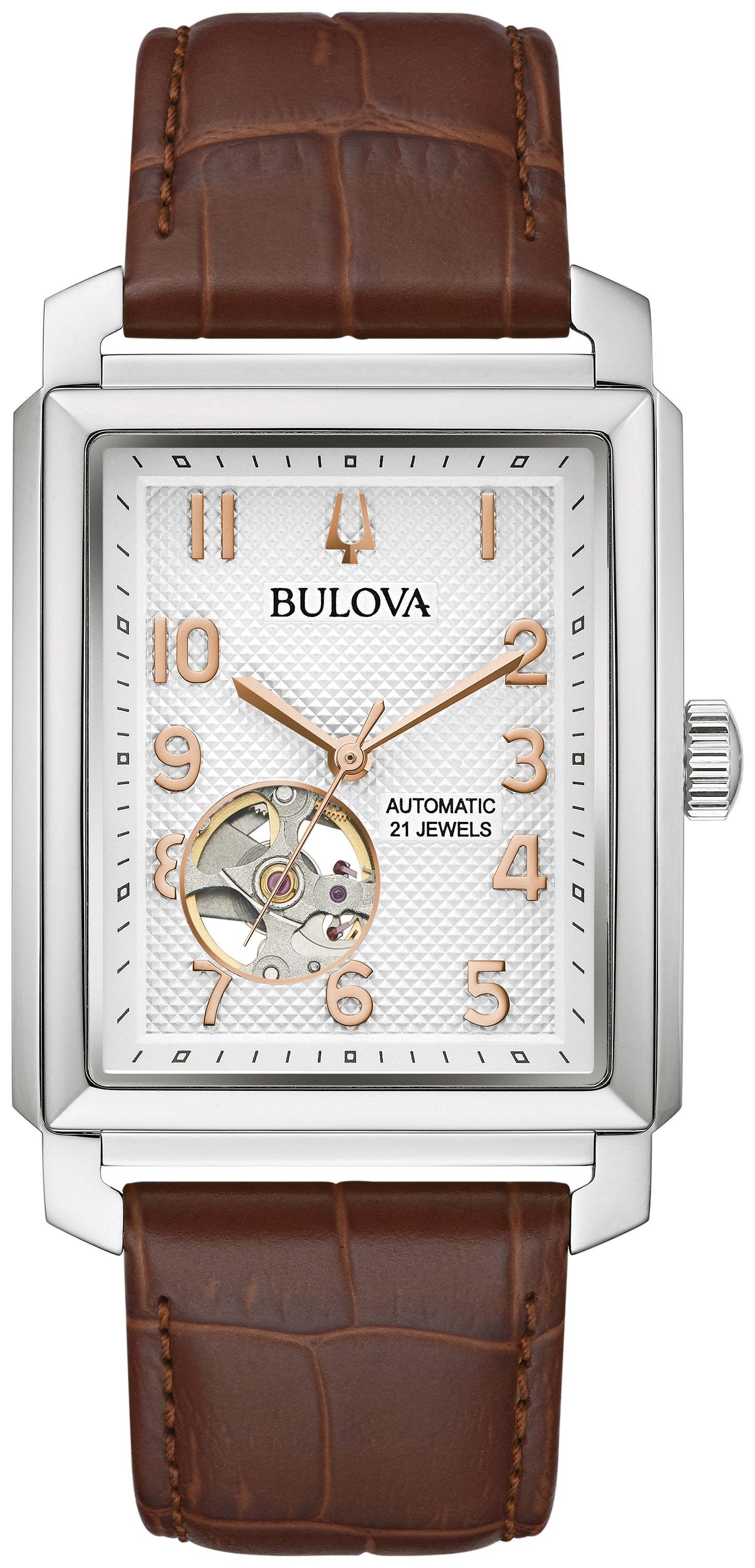 Bulova Sutton Automatic 96A268 men's watch featuring a silver-white dial with rose gold-tone hands and markers, open aperture at 6 o'clock, encased in a rectangular silver-tone stainless steel case—front view.