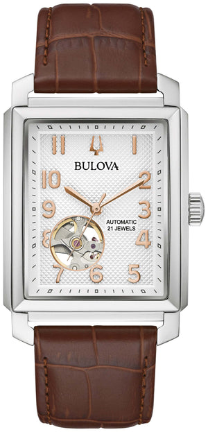 Bulova Sutton Automatic 96A268 men's watch featuring a silver-white dial with rose gold-tone hands and markers, open aperture at 6 o'clock, encased in a rectangular silver-tone stainless steel case—front view.