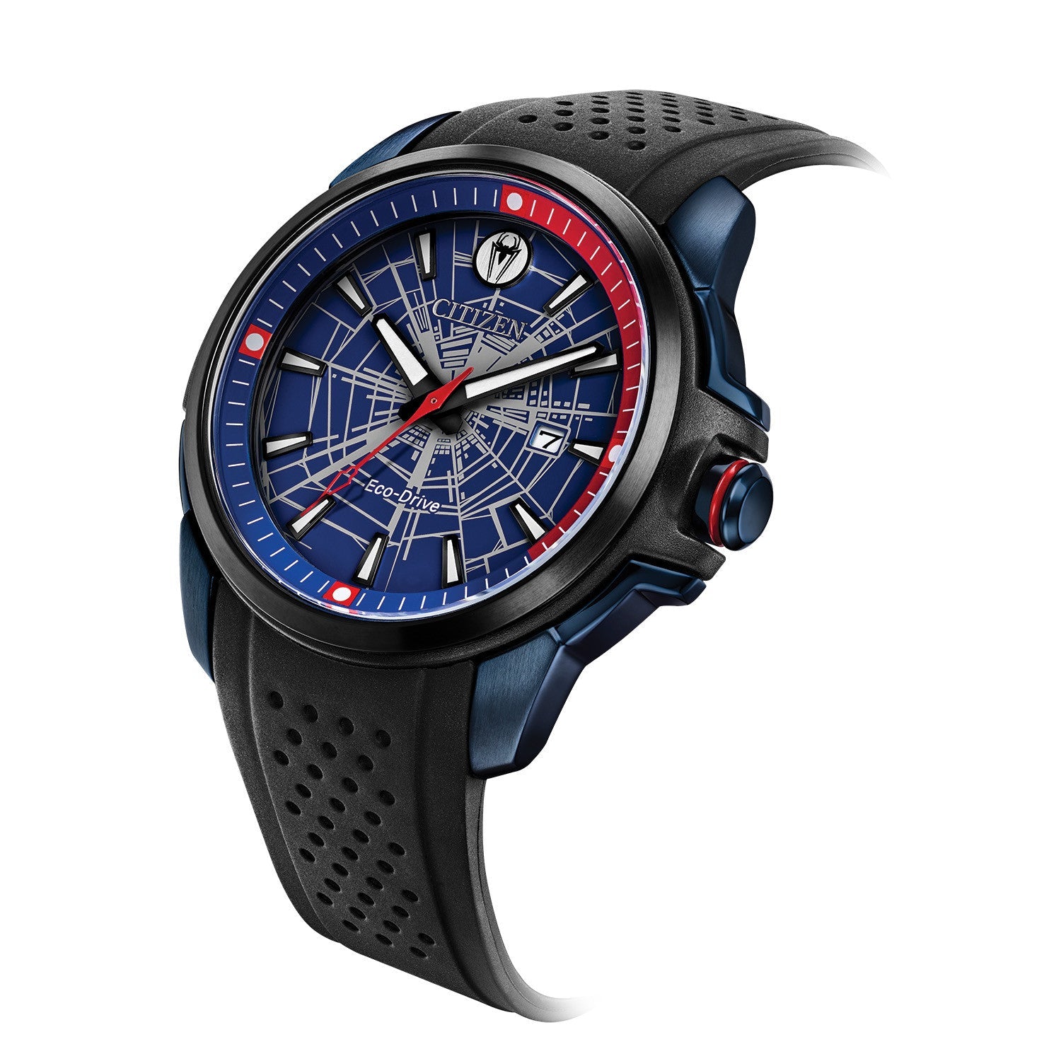 Side profile of the Citizen AW1156-01W, highlighting the black ion-plated stainless steel case and blue chroma-finish.​