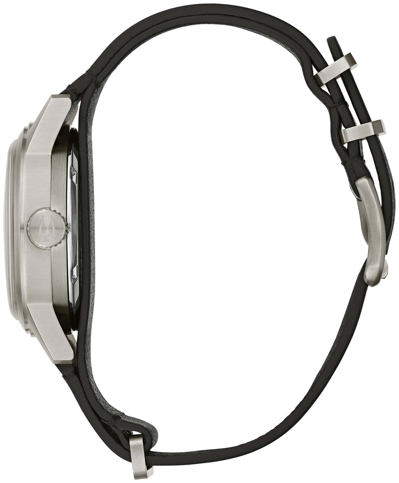 Side profile of Bulova 96A246 showcasing the stainless steel case and domed mineral crystal.