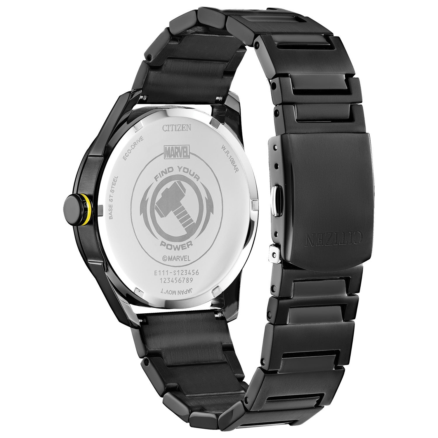 Back view of Citizen BM6987-50W highlighting the engraved case back with Thor's hammer and "Find Your Power" inscription.​
