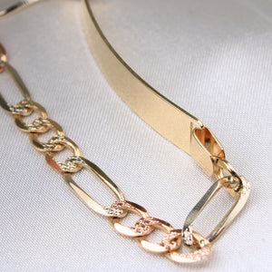 14K Tricolor Gold Solid Figaro Link ID Bracelet 6.5mm 7.5in