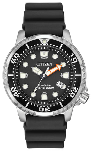 Citizen Promaster Diver Eco-Drive Watch BN0150-28E featuring a 44mm stainless steel case with a black polyurethane strap and black dial—front view.