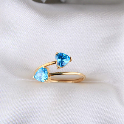 14K Yellow Gold Blue CZ Double Heart Ring