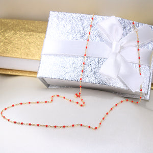 14K Yellow Gold Red Beaded Necklace 18in