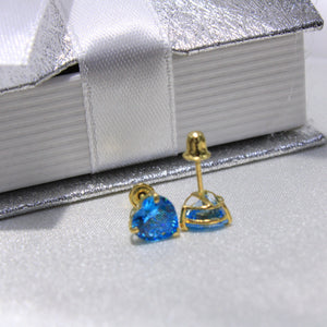 14K Yellow Gold Blue CZ Heart Earrings