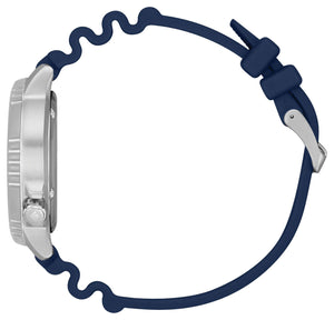 Side profile of the Citizen BN0151-09L showcasing the stainless steel case and blue polyurethane strap.