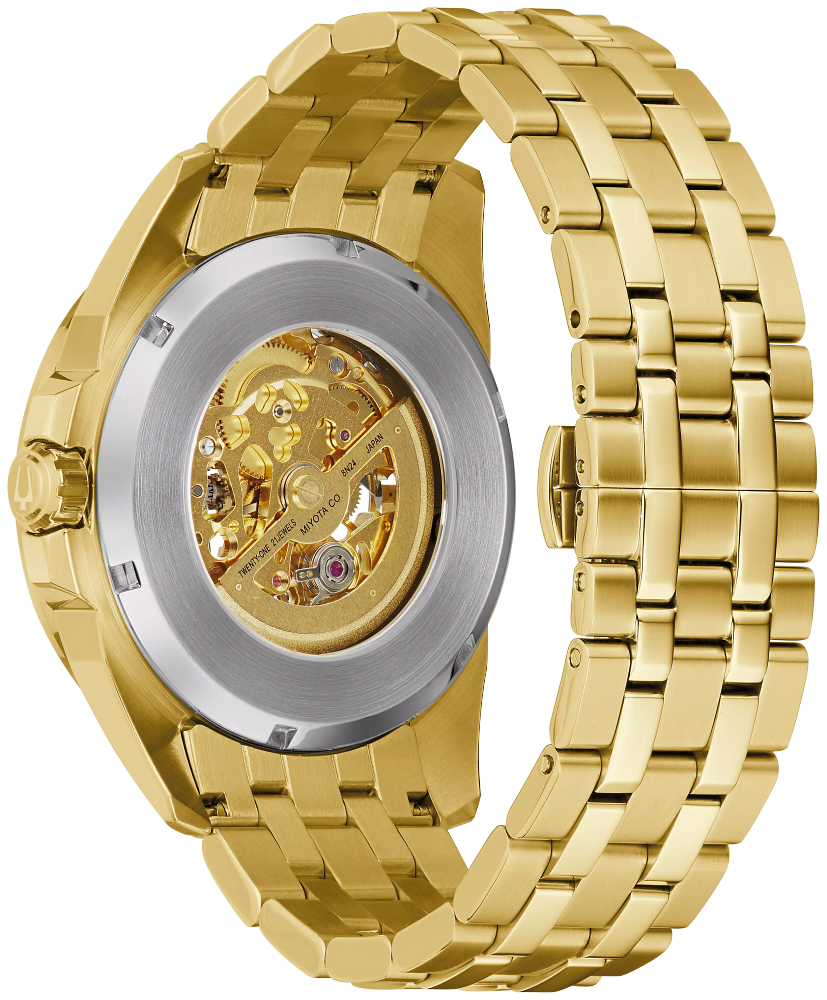 Back view of the Bulova Sutton 97A162, showcasing the exhibition case back revealing the automatic movement.