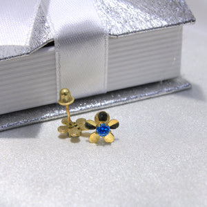 14K Yellow Gold Blue CZ Flower Earrings
