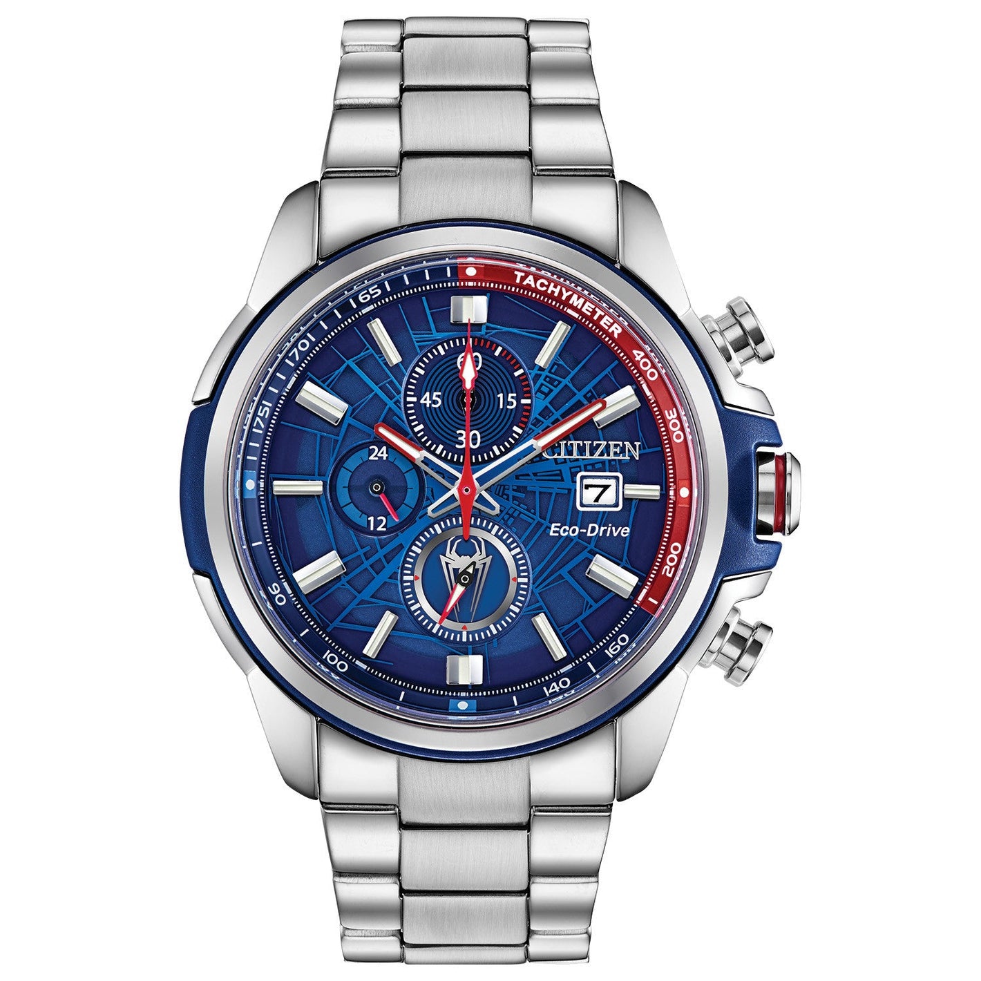 Citizen CA0429-53W Spider-Man watch featuring a blue dial with web designs, luminous hands, red accents, and a stainless steel bracelet—front view.
