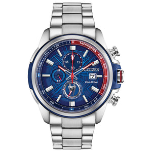 Citizen CA0429-53W Spider-Man watch featuring a blue dial with web designs, luminous hands, red accents, and a stainless steel bracelet—front view.