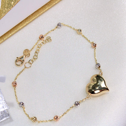14K Tricolor Heart Bracelet 12mm 8.5in