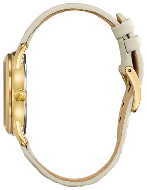 Side profile of the Citizen FE6082-08P showcasing the gold-tone stainless steel case and quilted ivory leather strap.