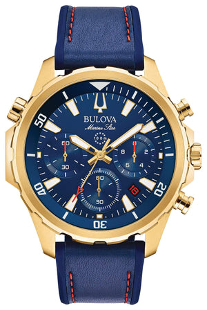 Bulova 97B168 Marine Star Chronograph featuring a blue dial with gold-tone accents and luminous hands—front view.