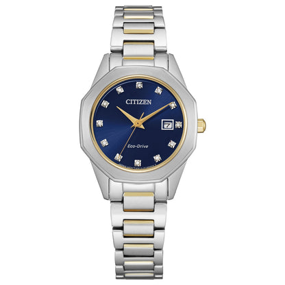 Citizen Corso EW2584-53L watch showcasing its blue dial with diamond hour markers and two-tone stainless steel bracelet