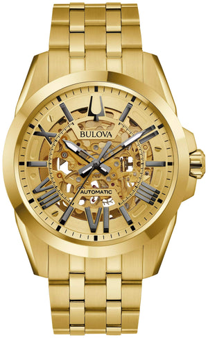 Bulova Sutton Automatic 97A162 men's watch featuring a gold-tone dial with open aperture, luminous hands, and a gold-tone stainless steel bracelet—front view.