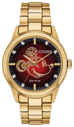 Citizen Disney 'Year of the Mouse' Eco-Drive Watch FE7082-53W featuring a 40mm gold-tone stainless steel case with a red degradé dial and diamond hour markers—front view