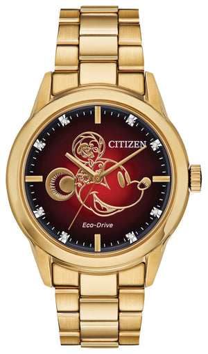 Citizen Disney 'Year of the Mouse' Eco-Drive Watch FE7082-53W featuring a 40mm gold-tone stainless steel case with a red degradé dial and diamond hour markers—front view
