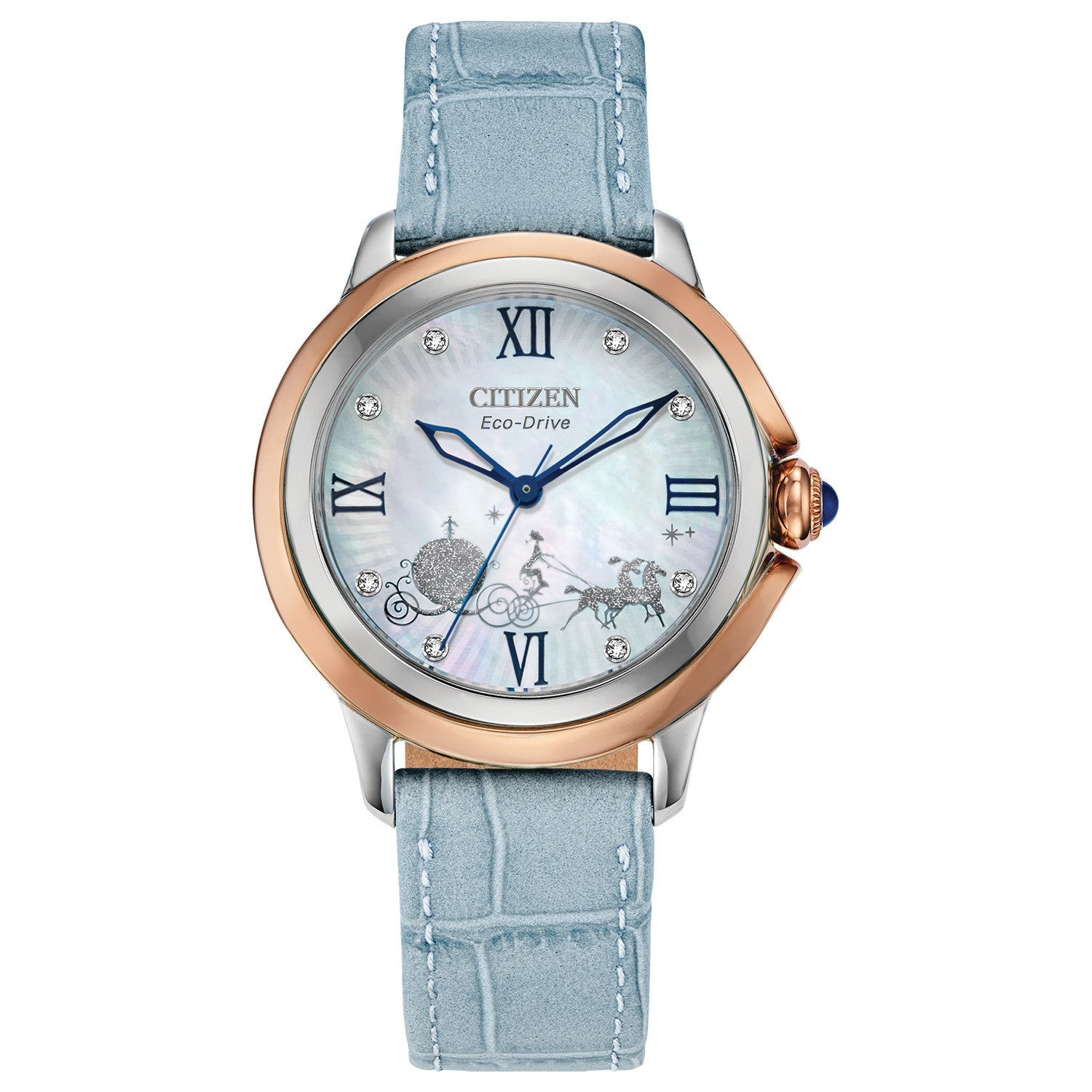 Citizen Disney Cinderella 70th Anniversary Limited Edition Women's Watch EM0798-02D featuring a 32mm two-tone stainless steel case with a white mother-of-pearl dial—front view.